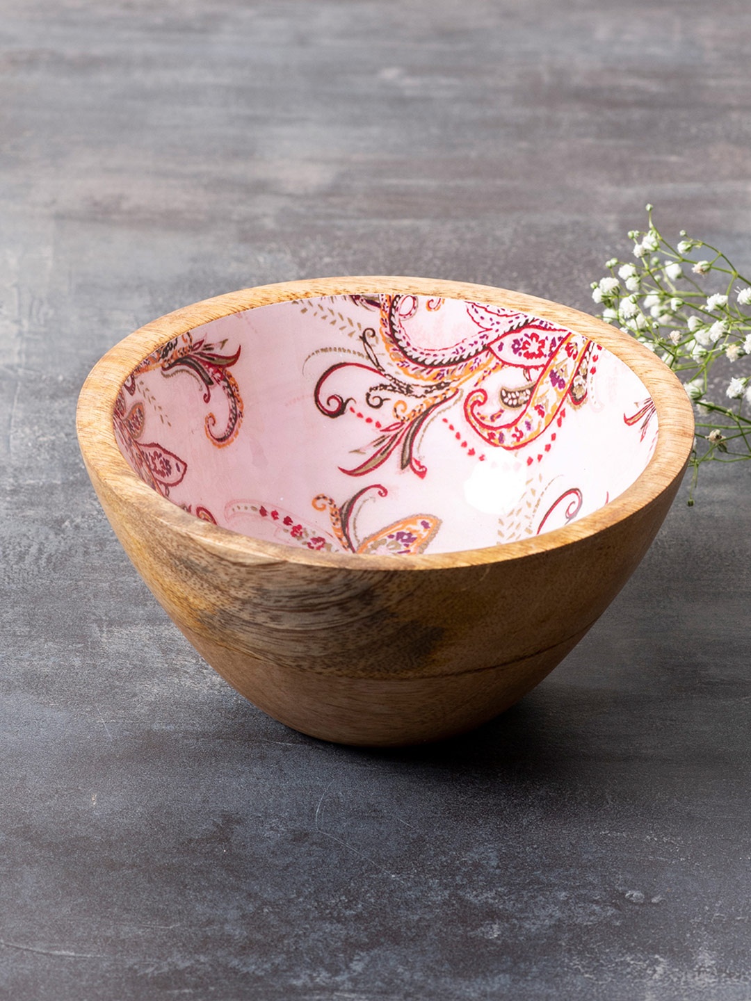 

nestroots Pink & Red Printed Enamelled Wooden Decorative Serving Bowl