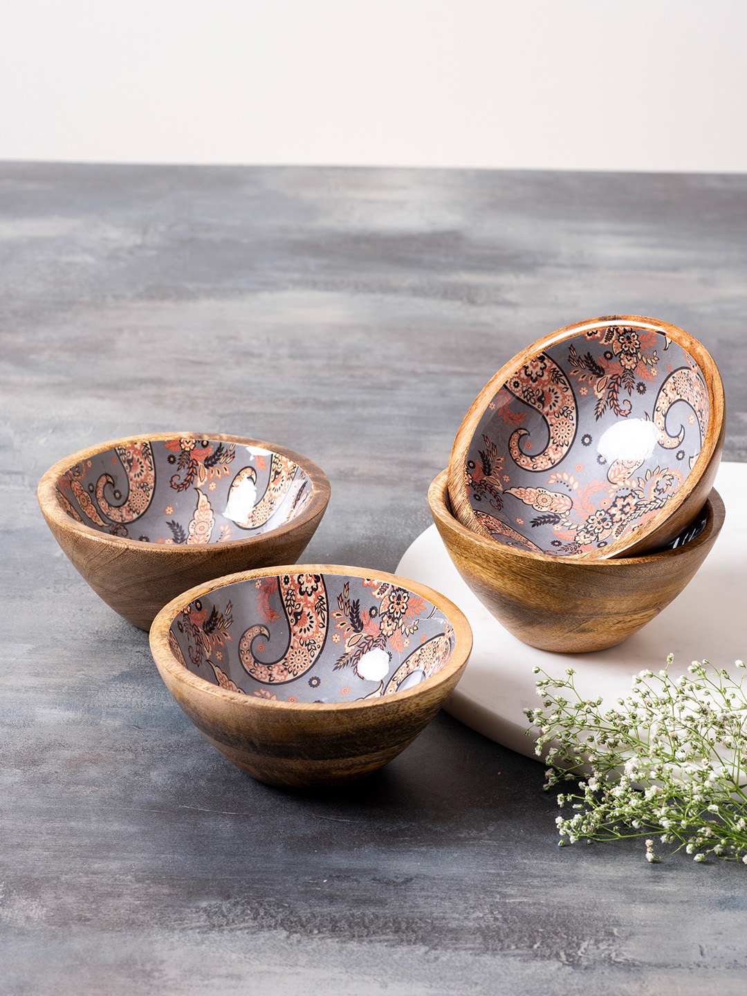 

nestroots Set Of 4 Beige & Grey Printed Enamelled Wooden Decorative Bowls