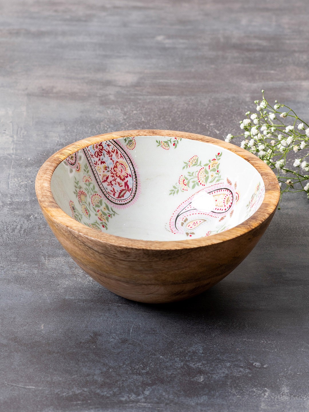 

nestroots Brown & Green Printed Enamelled Wooden Decorative Bowl