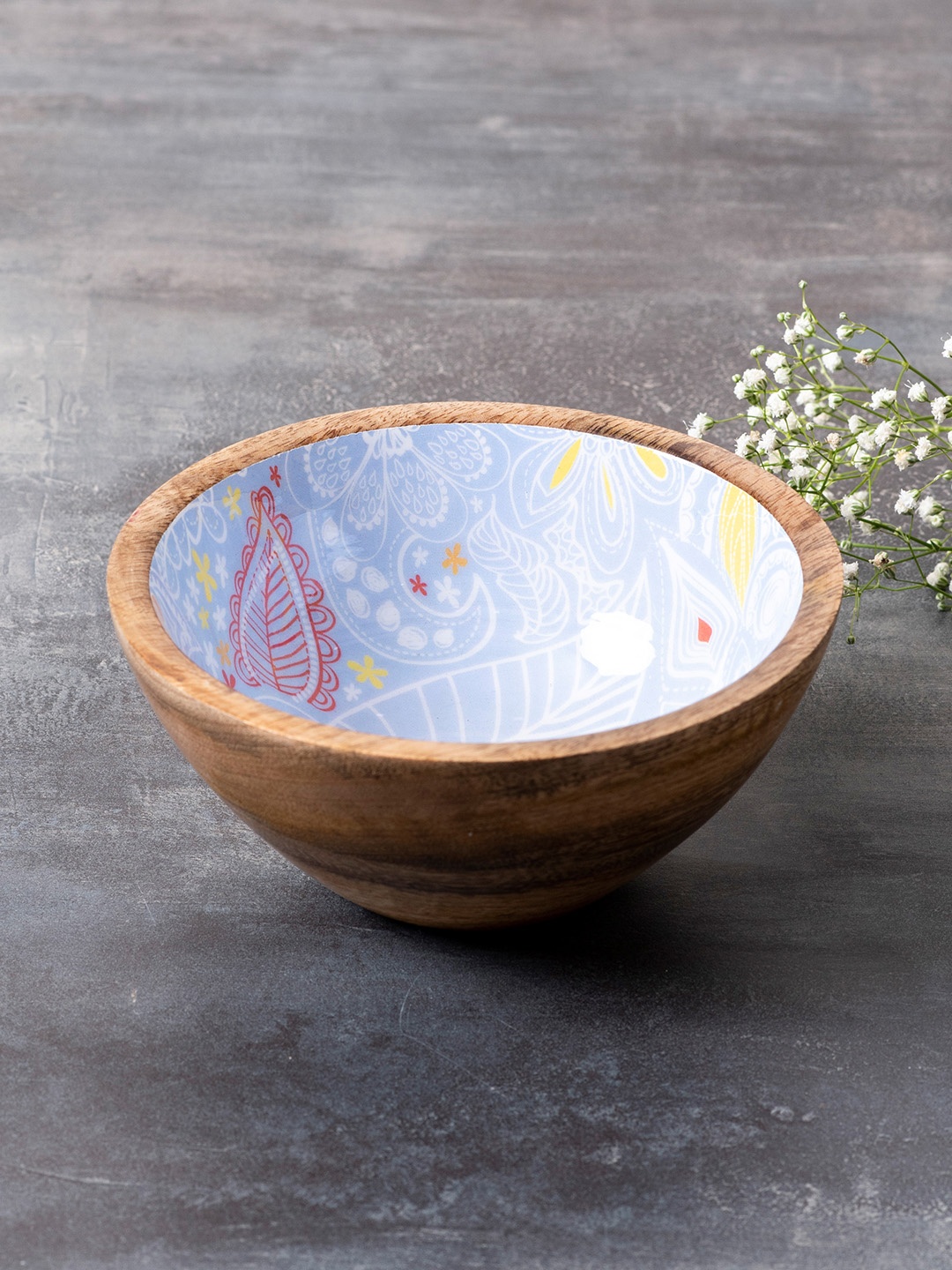 

nestroots Brown & Blue Printed Enamelled Wooden Decorative Serving Bowl