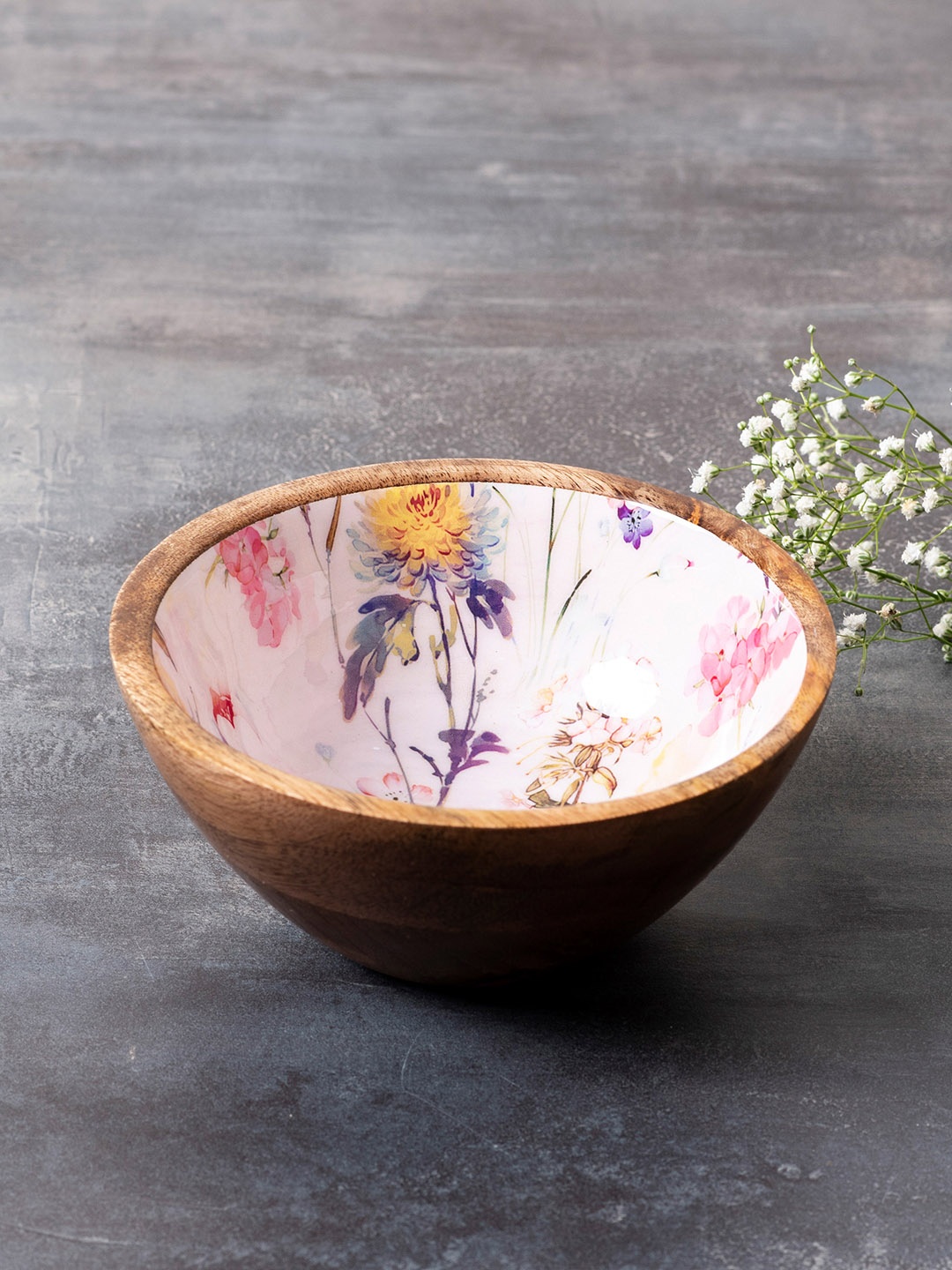 nestroots Brown & White Printed Enamelled Wooden Decorative Bowl