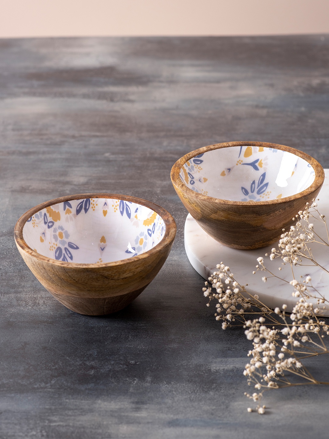 

nestroots Set Of 2 White & Blue Printed Wooden Serving Bowls