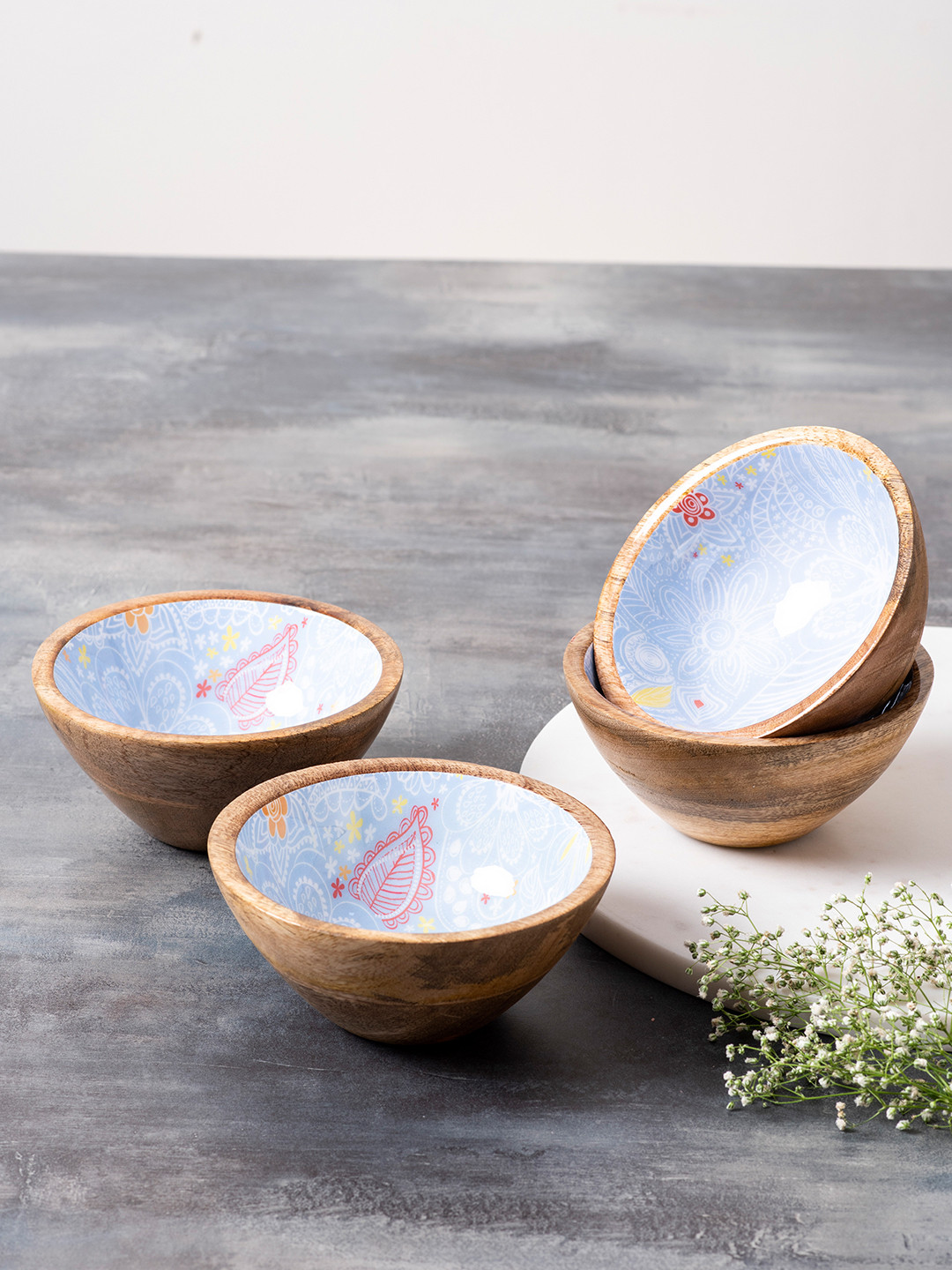 

nestroots Set Of 4 Brown & Blue Printed Enamelled Wooden Serving Bowl