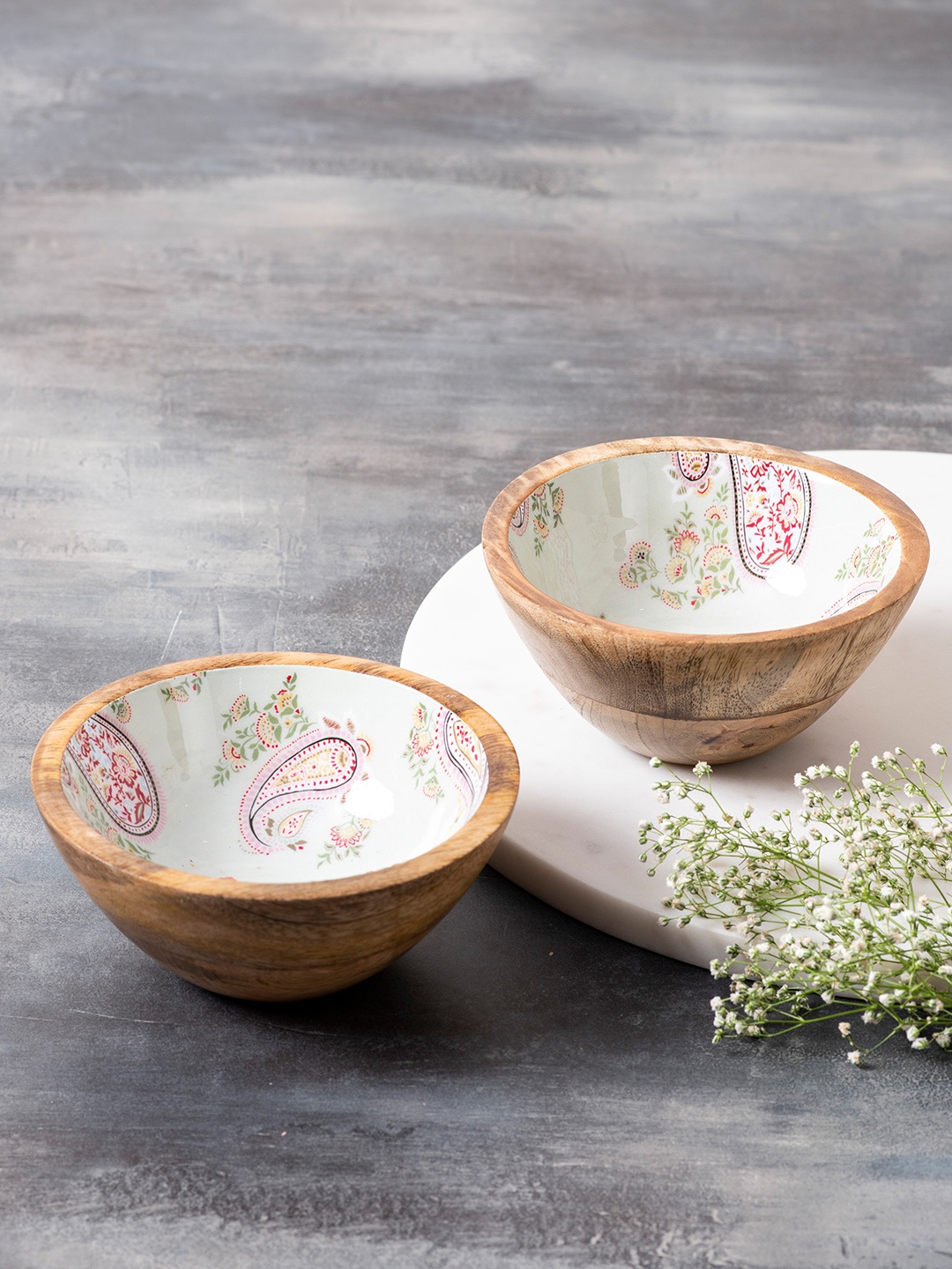 

nestroots Set Of 2 Green & White Printed Wooden Decorative Serving Bowl