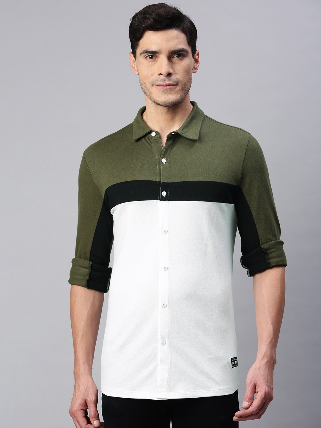 

abof Men White & Olive Green Colourblocked Polo Collar T-shirt