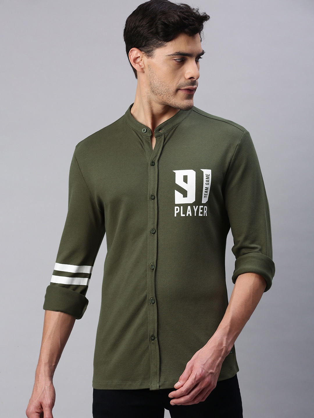 

abof Men Olive Green & White Printed Knitted Casual Shirt