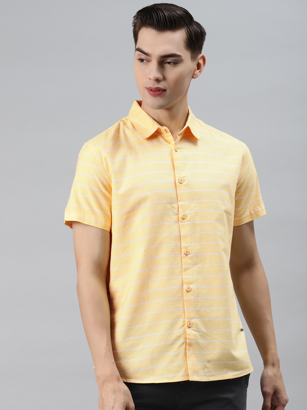 

abof Men Yellow Slim Fit Horizontal Striped Cotton Casual Shirt