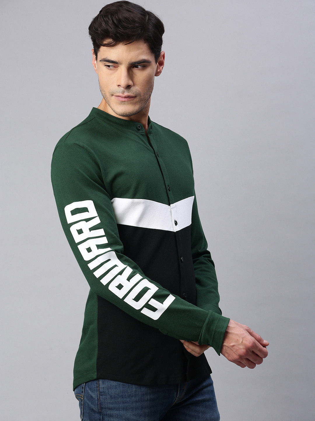

abof Men Green & Black Colourblocked Casual Shirt