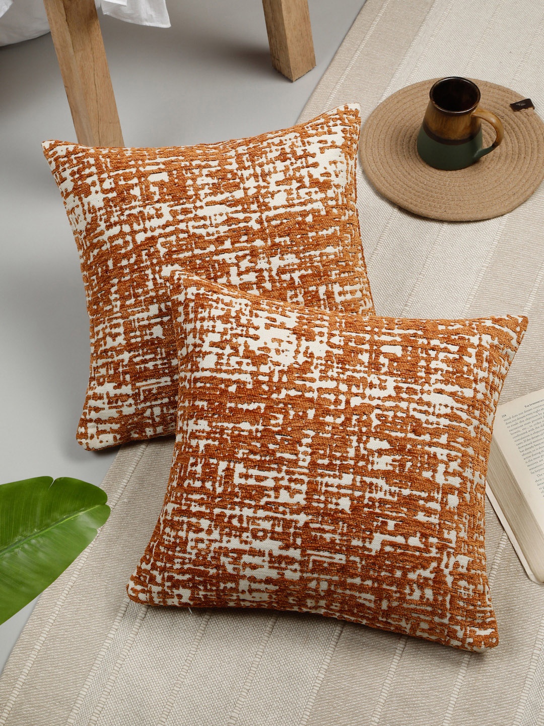 

ROSARA HOME Set Of 2 Rust Brown & White Abstract Square Jacquard Cushion Covers
