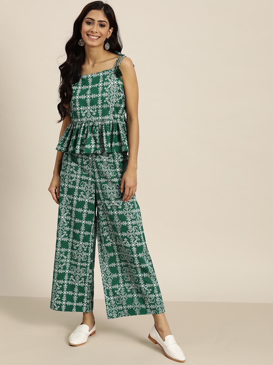 

Sangria Women Green & White Pure Cotton Printed Top with Trousers