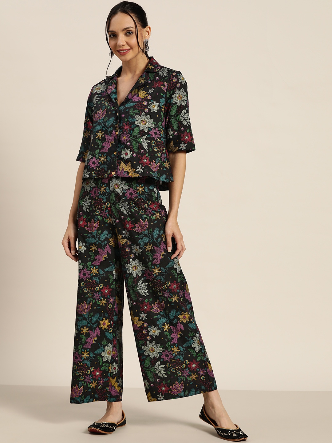 

Sangria Women Black & Pink Printed Pure Cotton Shirt with Palazzos