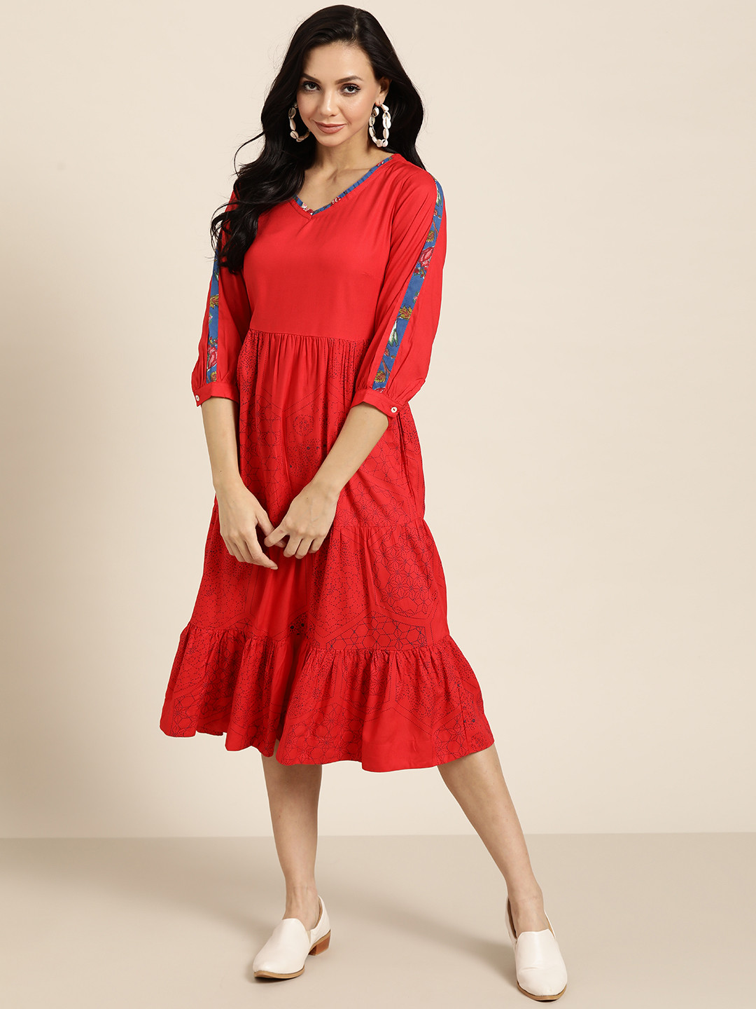 

Sangria Women Red Printed Ethnic Motifs A-Line Tiered Dress