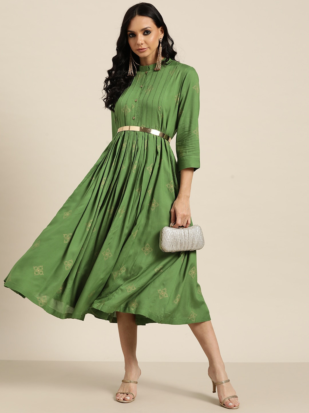 

Sangria Green & Golden Ethnic Motifs A-Line Midi Dress