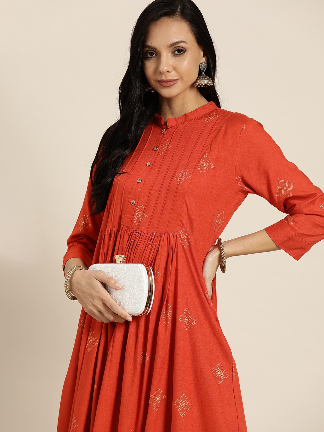 

Sangria Orange & Golden Ethnic Motifs Printed A-Line Midi Dress