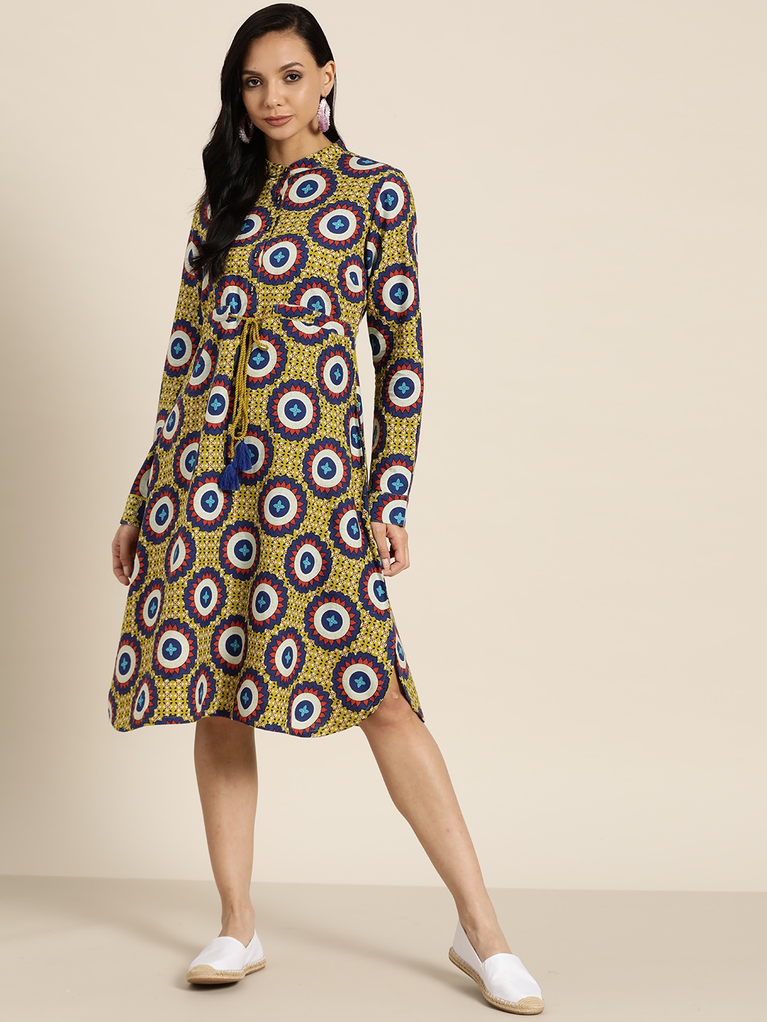 

Sangria Olive Green & Navy Blue Pure Cotton Ethnic Motifs A-Line Dress