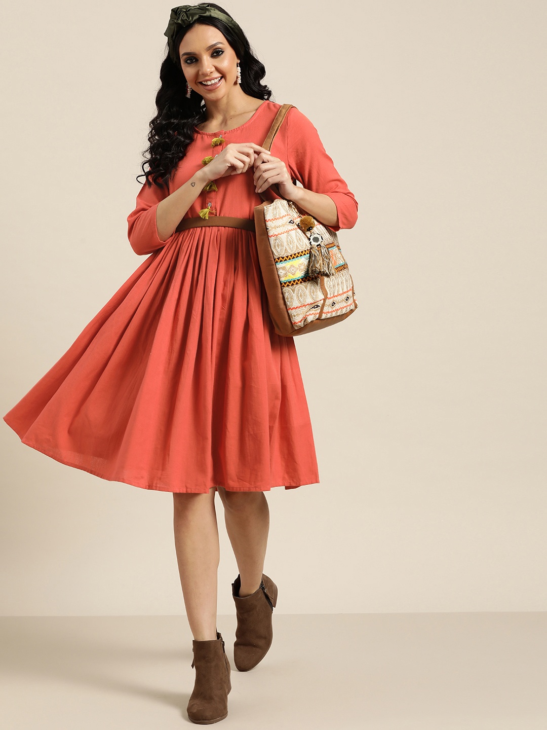 

Sangria Rust Orange Solid Pure Cotton A-Line Dress