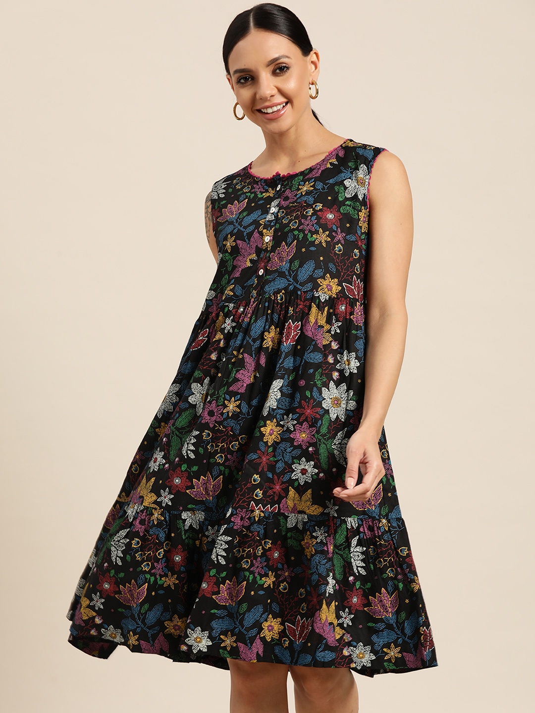 

Sangria Black & Blue Floral Print A-Line Dress