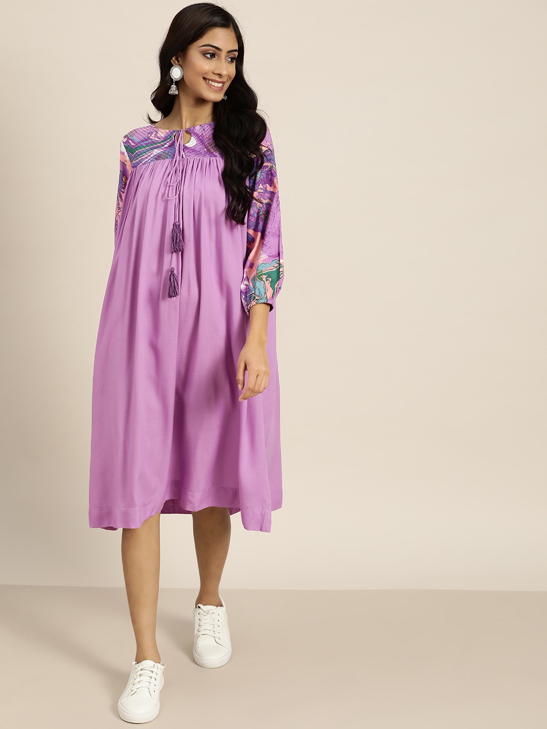 

Sangria Purple Printed Detail Tie-Up Neck Ethnic A-Line Midi Dress