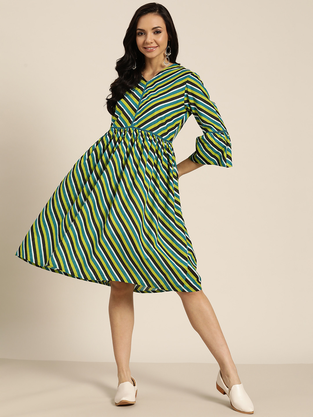 

Sangria Green & Black Cotton Striped A-Line Dress