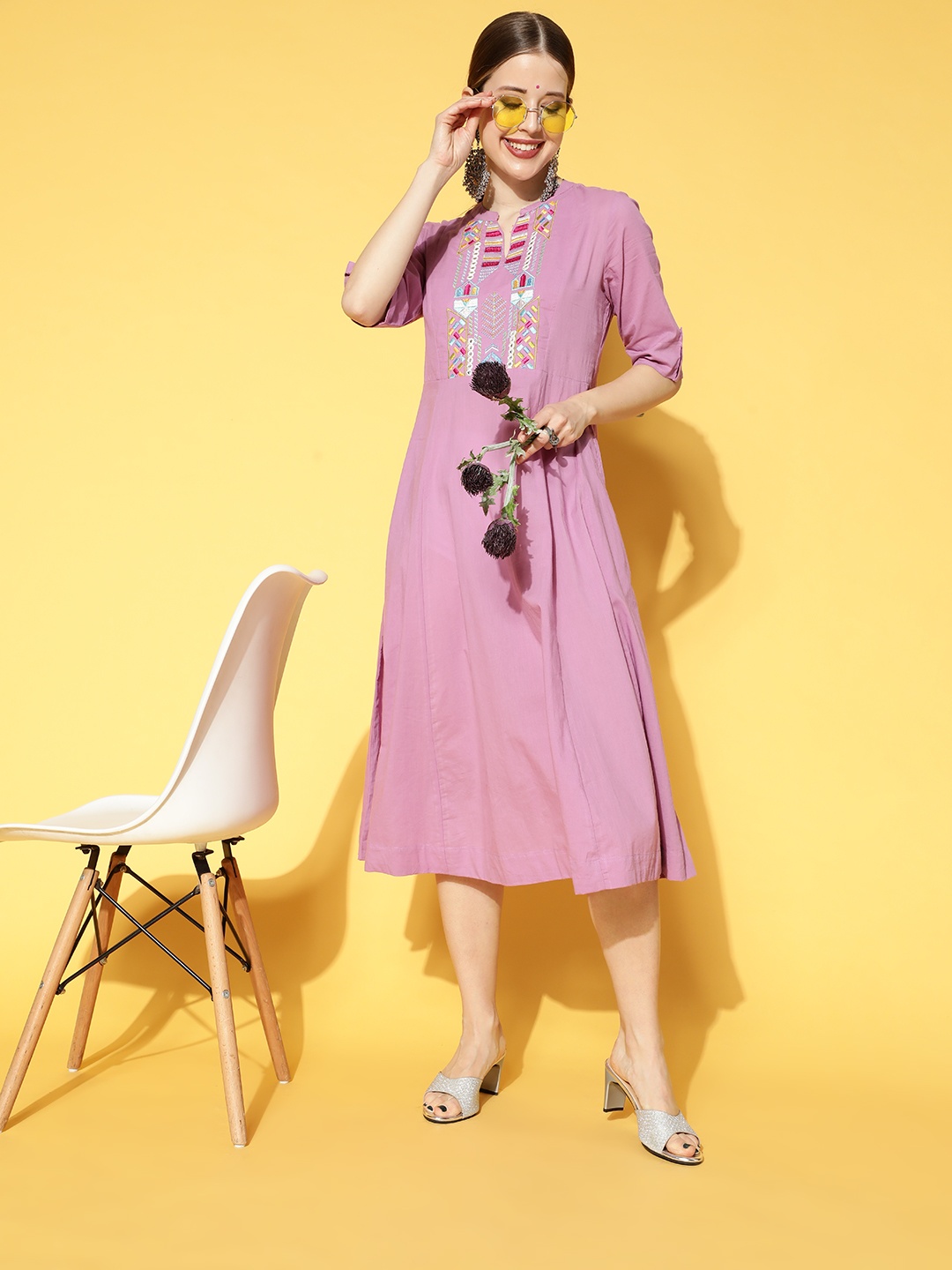 

Sangria Women Purple Pure Cotton Embroidered Midi A-Line Dress
