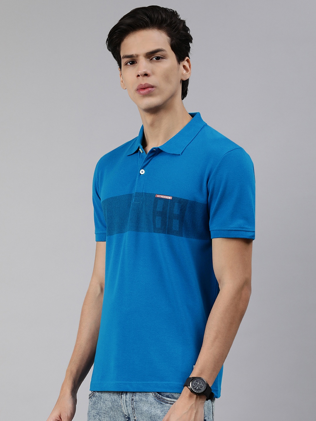 

abof Men Blue Printed Polo Collar T-shirt