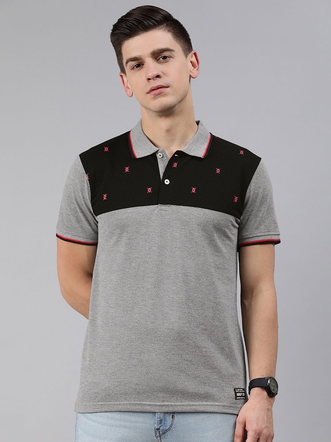 

abof Men Grey & Black Colourblocked Polo Collar T-shirt