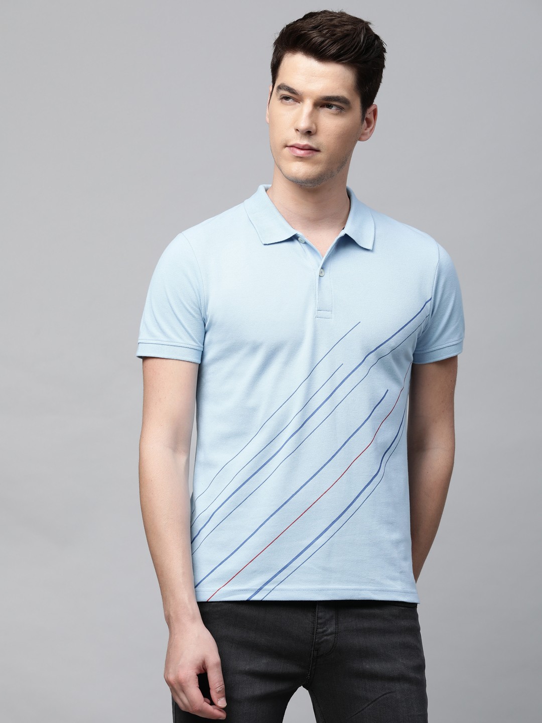 

abof Men Blue Striped Polo Collar T-shirt