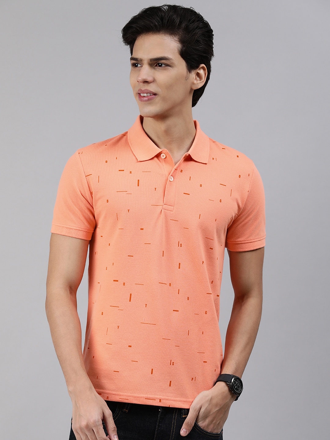 

abof Men Peach-Coloured Printed Polo Collar T-shirt