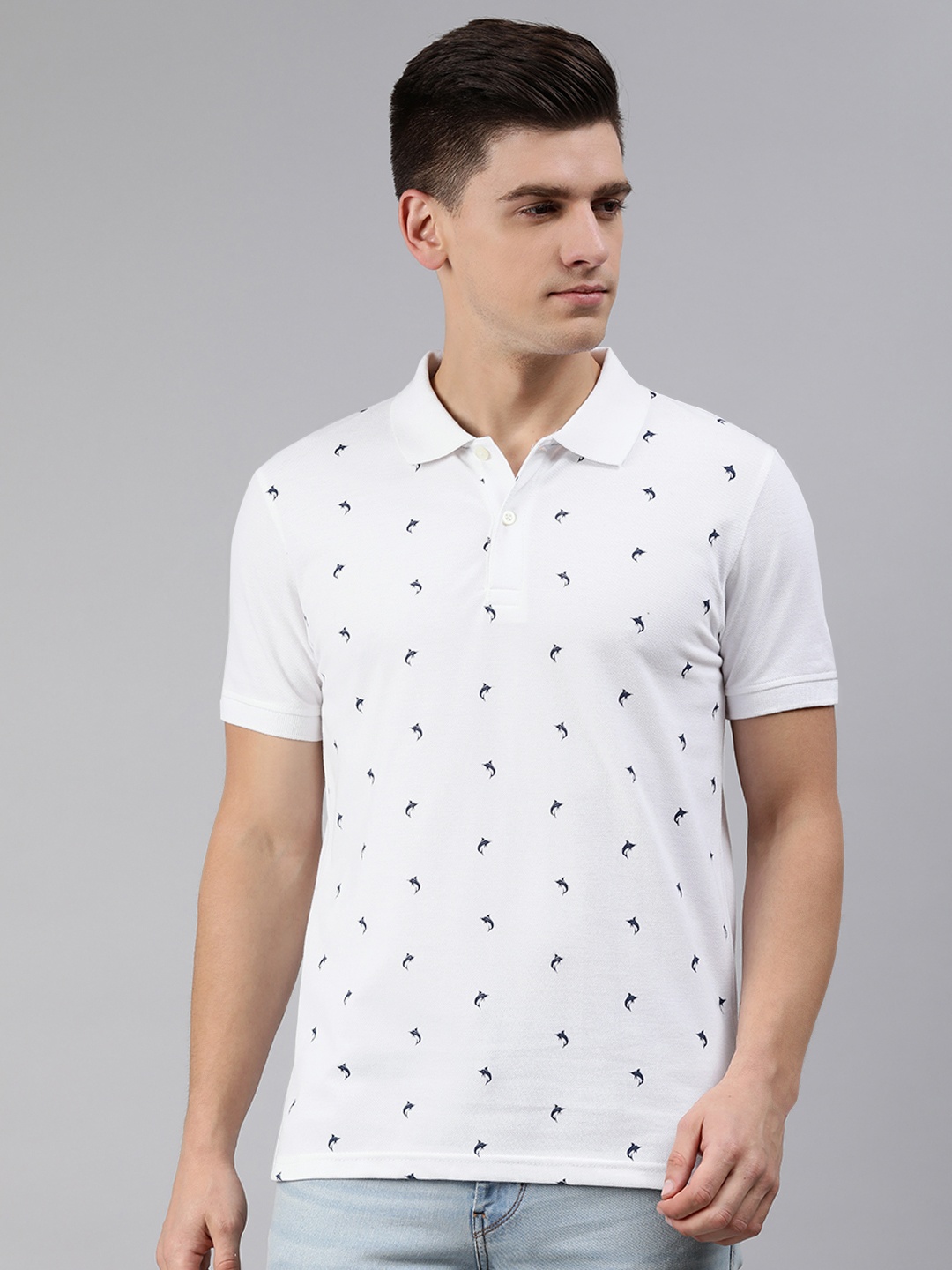 

abof Men White & Navy Blue Printed Polo Collar T-shirt