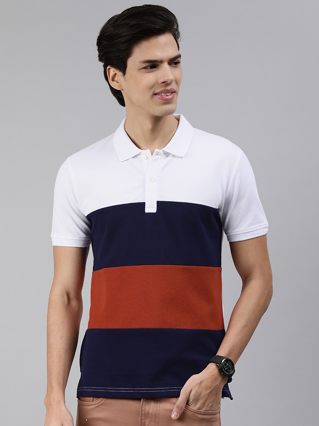 

abof Men Multicoloured & White Striped Polo Collar T-shirt, Multi