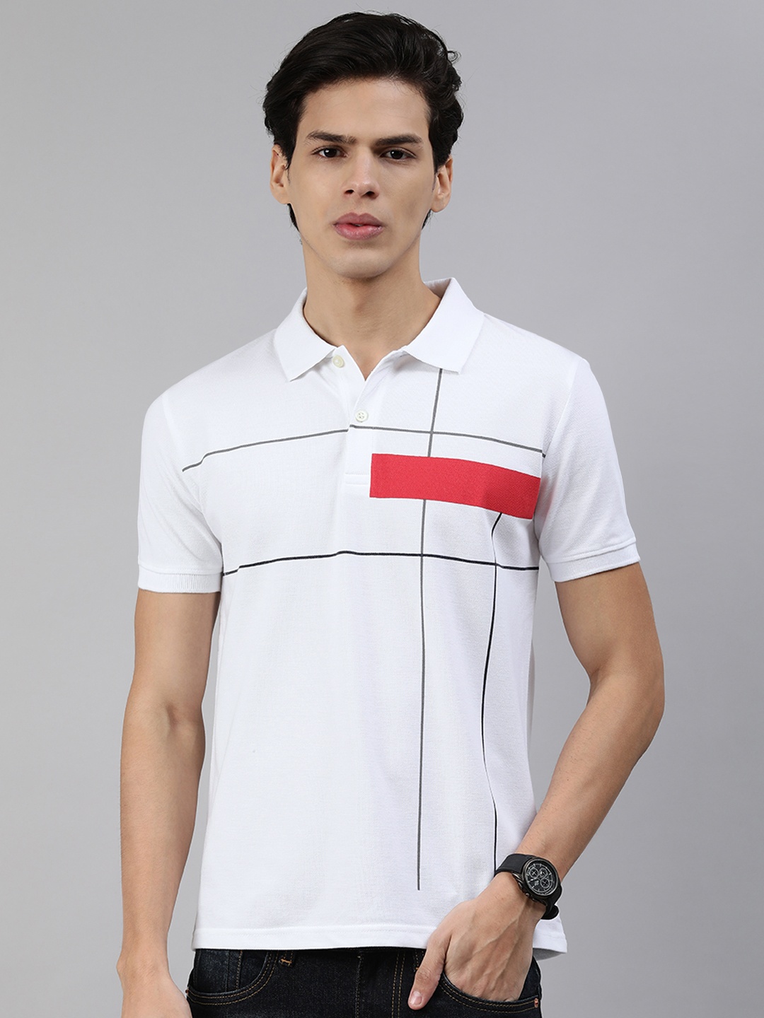 

abof Men White Striped Polo Collar T-shirt