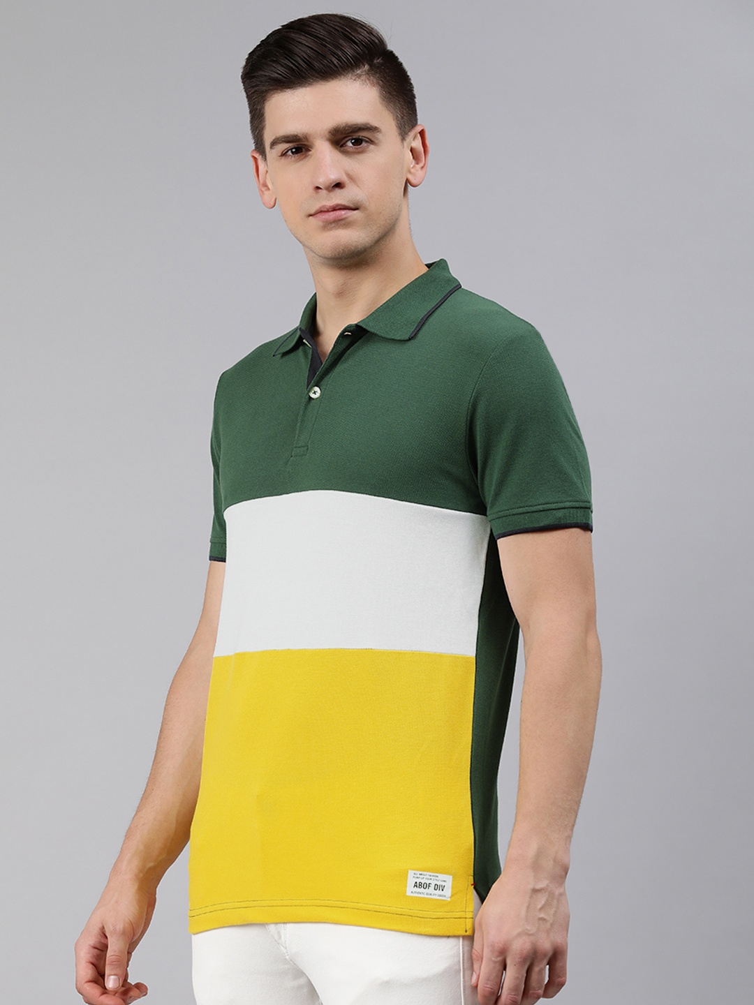 

abof Men Green & Yellow Colourblocked Polo Collar T-shirt