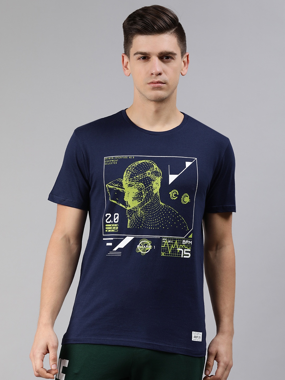 

abof Men Blue Green Printed Pure Cotton T-shirt