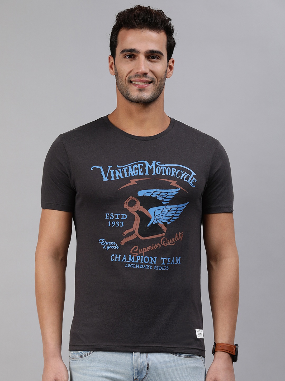 

abof Men Charcoal Blue Biker Printed Regular Fit Pure Cotton Casual Pure Cotton T-shirt