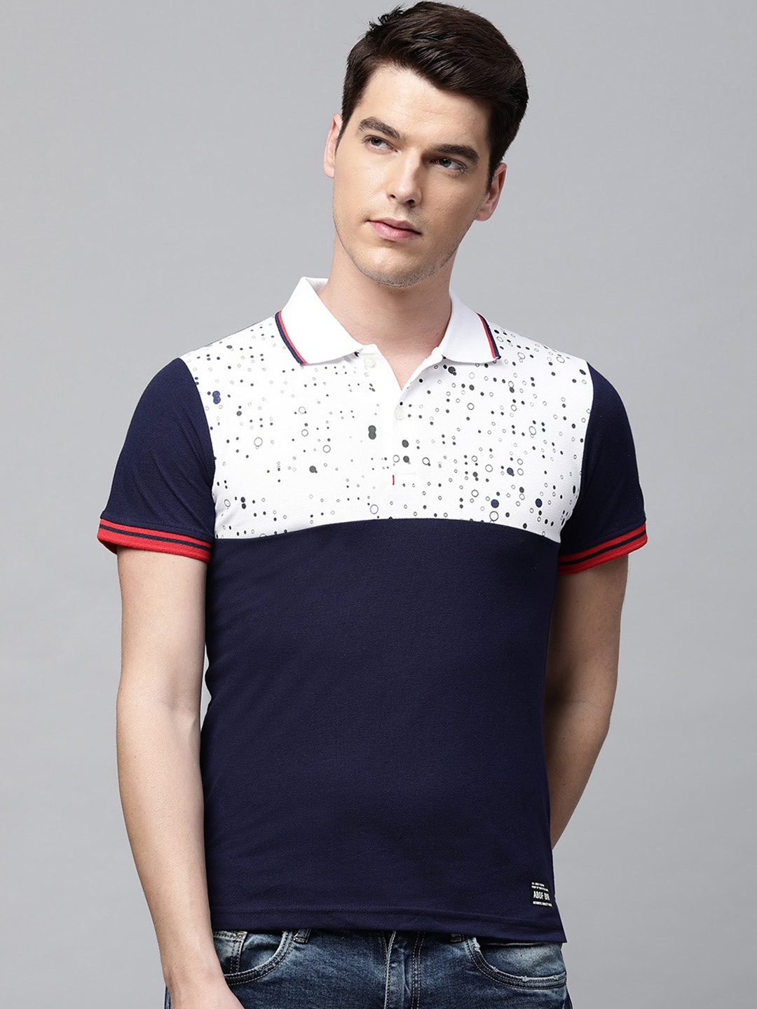 

abof Men Navy Blue & White Colourblocked Polo Collar T-shirt