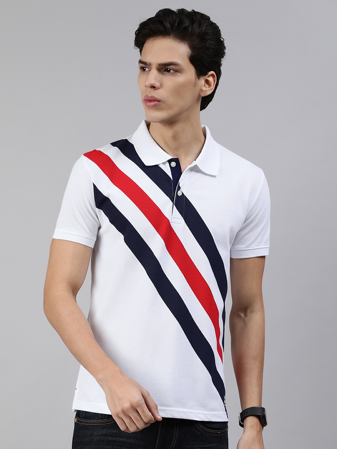

abof Men White & Navy Blue Striped Polo Collar T-shirt