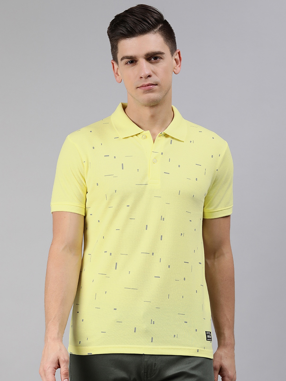 

abof Men Yellow Typography Printed Polo Collar T-shirt