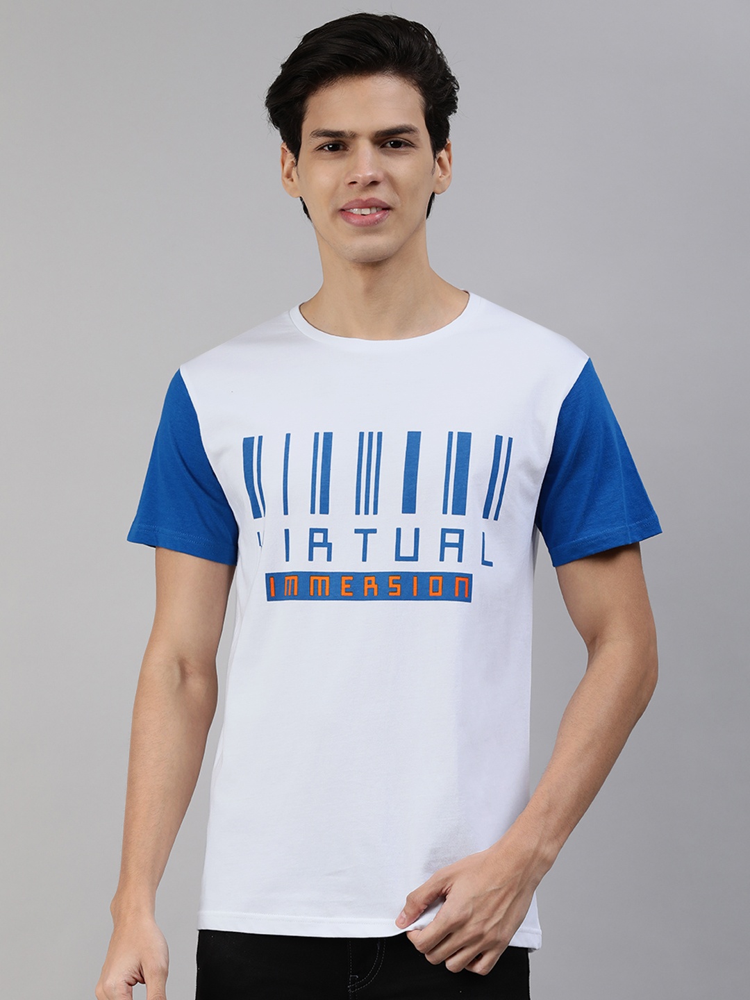 

abof Men White Blue Typography Printed Pure Cotton T-shirt