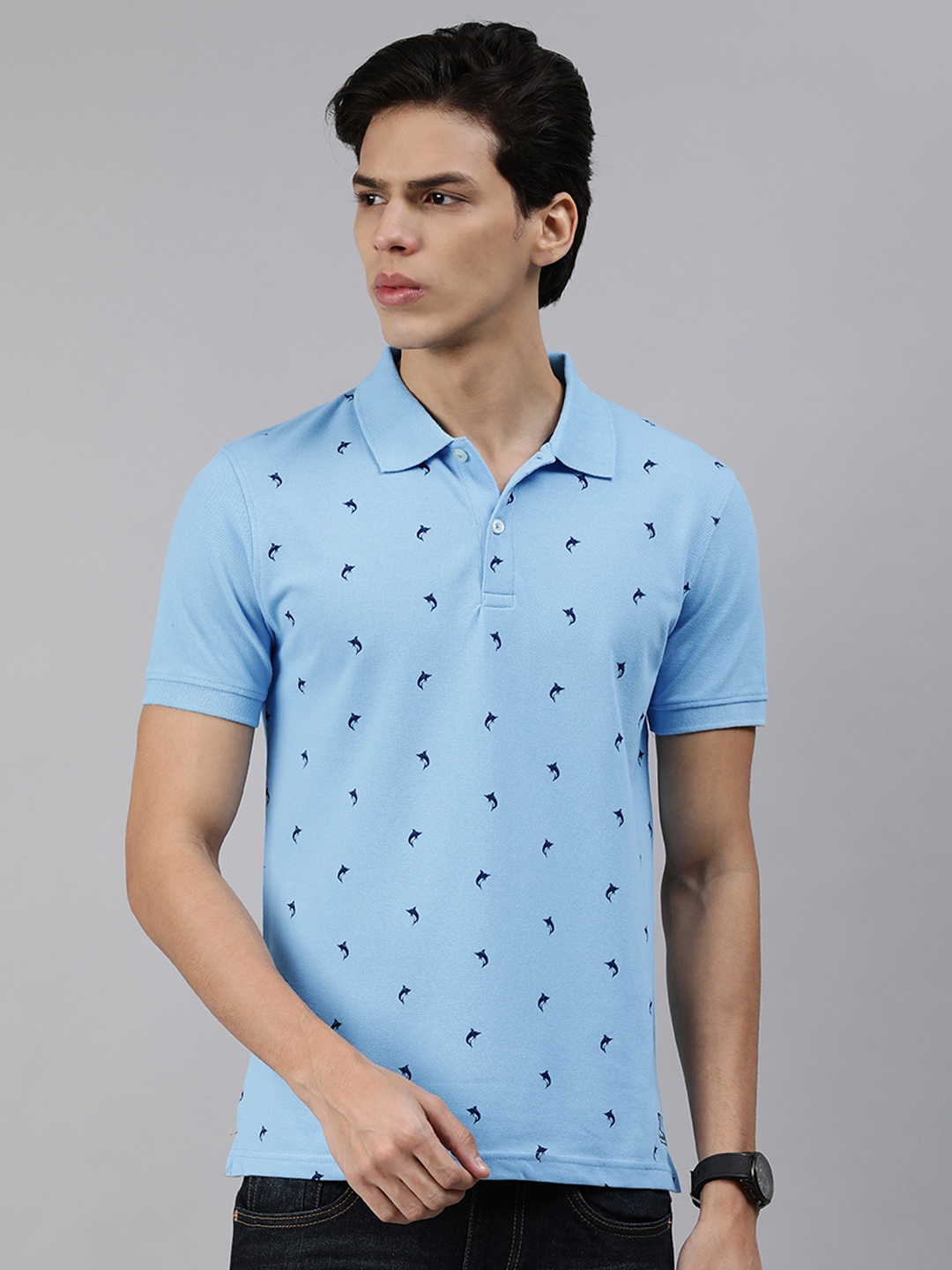 

abof Men Blue Printed Polo Collar T-shirt