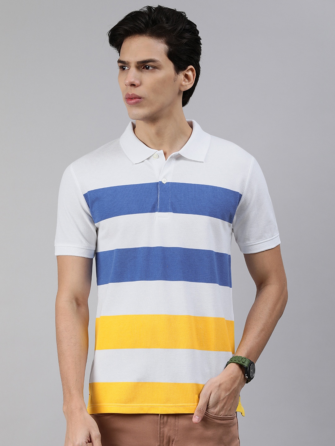 

abof Men Multicoloured White, Blue and Yellow Striped Polo Collar T-shirt, Multi