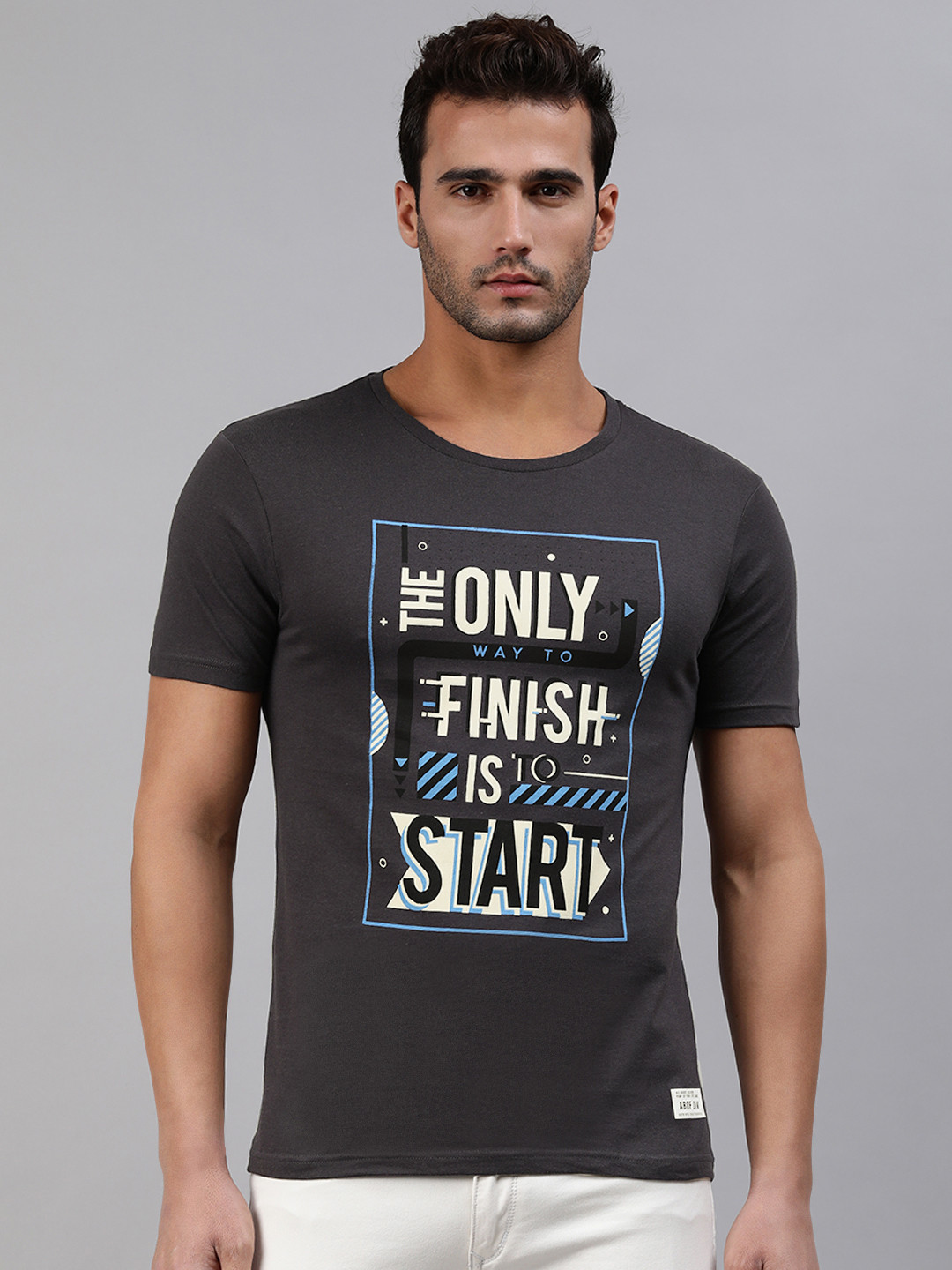 

abof Men Grey White Typography Printed Regular Fit Cotton Casual Pure Cotton T-shirt