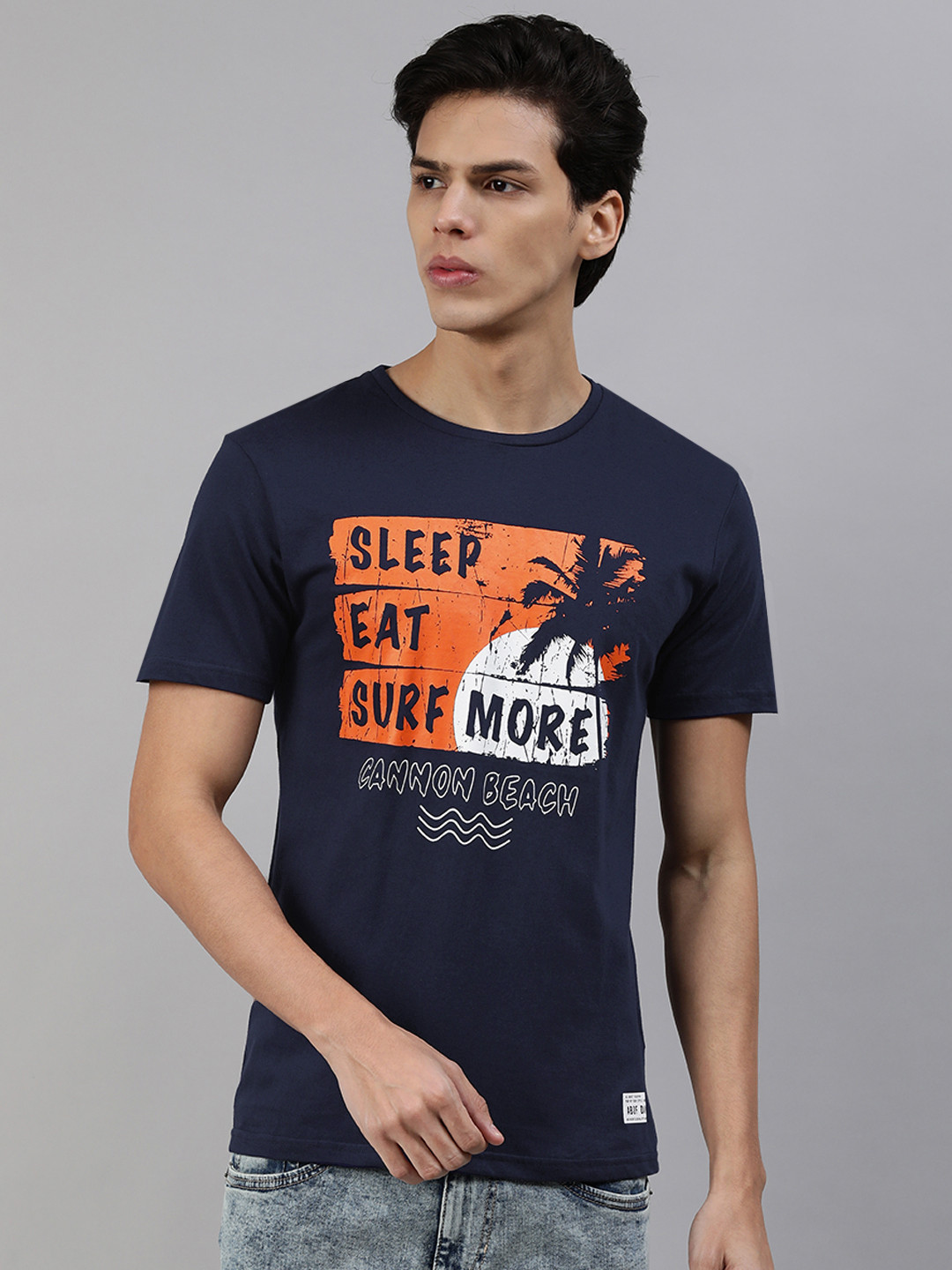 

abof Men Navy Blue Orange Typography Printed Pure Cotton T-shirt