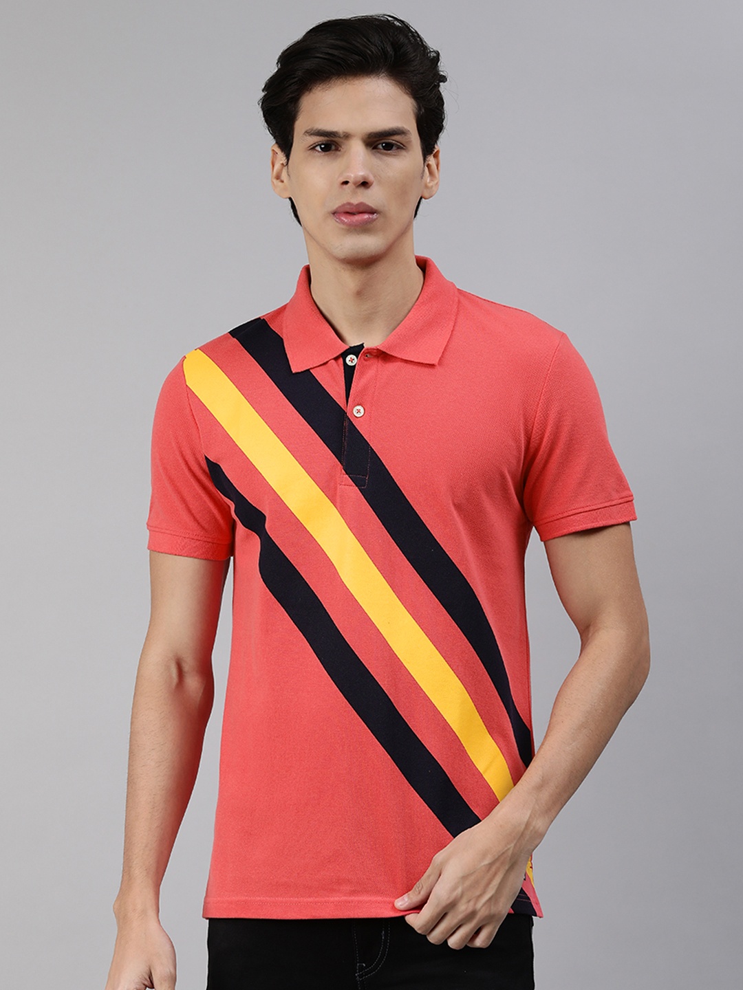 

abof Men Multicoloured Pink, Yellow and Navy Blue Striped Polo Collar T-shirt, Multi