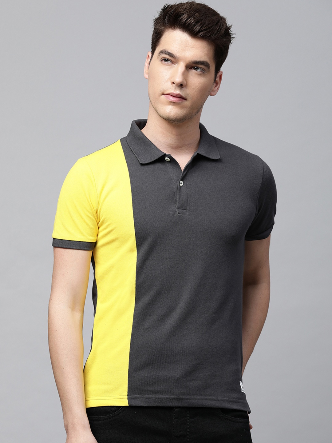 

abof Men Charcoal Grey & Yellow Colourblocked Polo Collar T-shirt