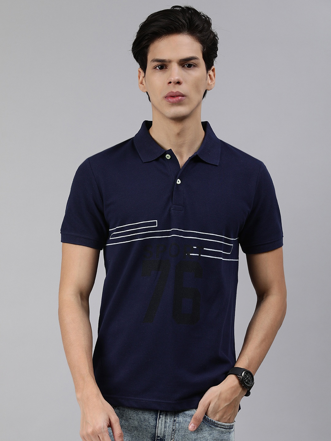

abof Men Navy Blue Varsity Printed Polo Collar T-shirt