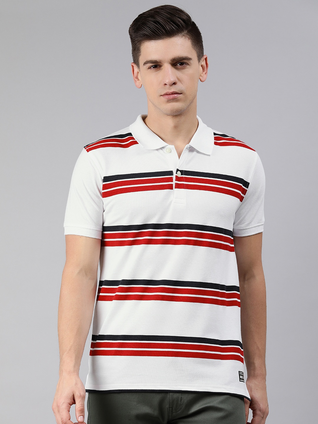 

abof Men White & Red Striped Polo Collar T-shirt