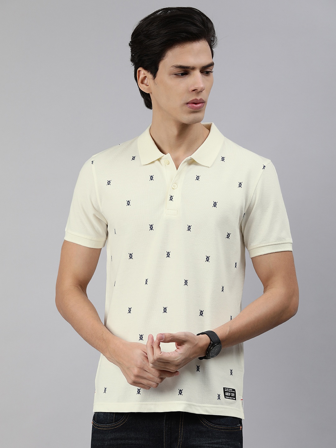 

abof Men Off White Printed Polo Collar T-shirt