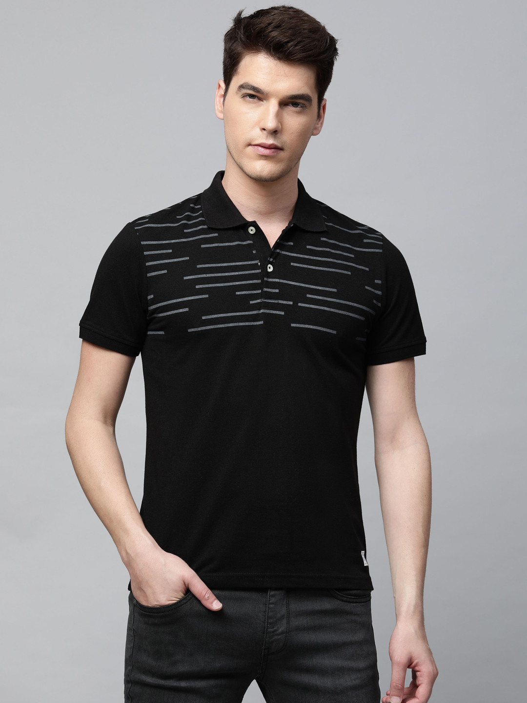 

abof Men Black Striped Polo Collar T-shirt