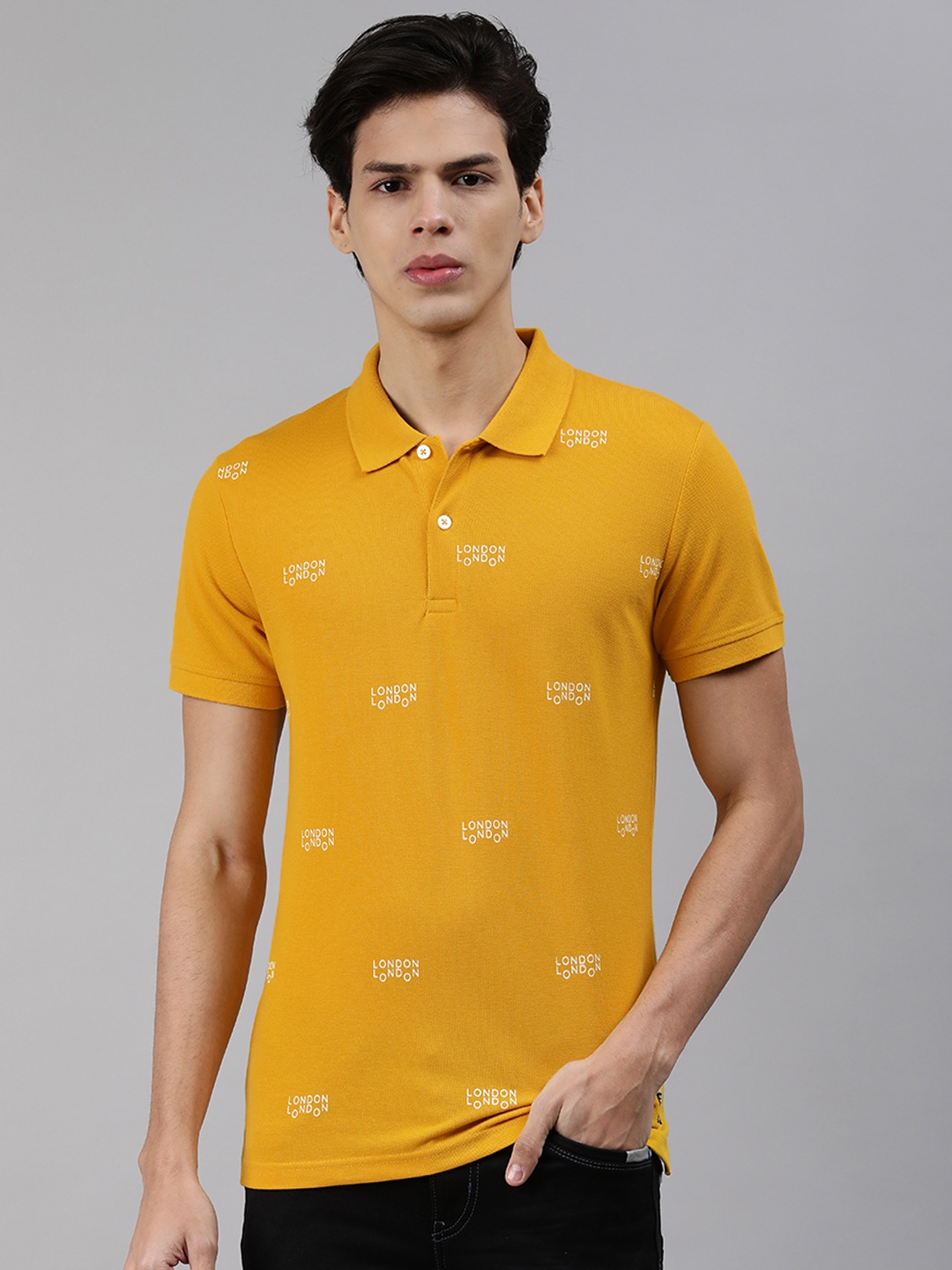 

abof Men Yellow Typography Printed Polo Collar T-shirt