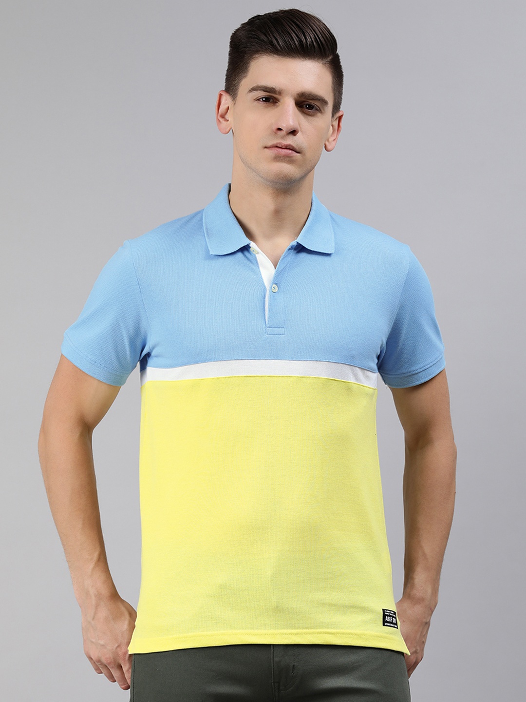 

abof Men Blue & Yellow Colourblocked Polo Collar T-shirt